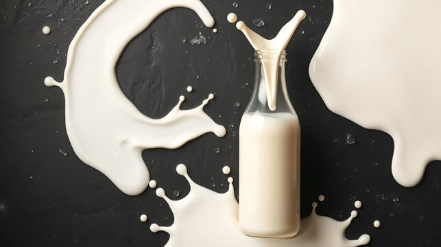 A black rustic background with a milk bottle and splashes of milk