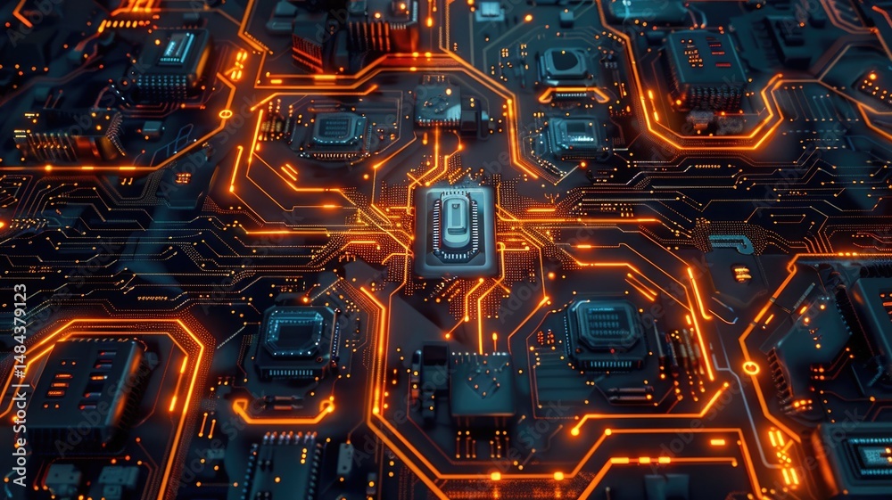 Fototapete Abstract picture chip on complex circuit with digital technology style design and the electric light graphic show electronic components represent about processor algorithm process on computer. AIG53.