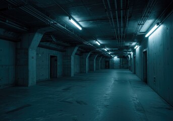 An eerie, deserted warehouse lit by blue lights, styled like a horror film with cinematic realism.
