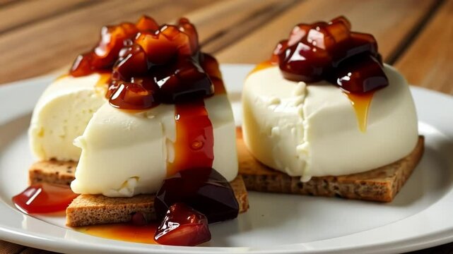 Ice cream dessert topped with fruit compote on a plate