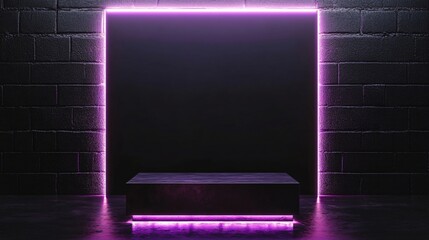 Futuristic black podium with neon purple frame on dark brick background for modern product display