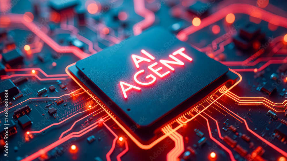 Poster futuristic microchip with ai agent text illuminated on circuit board background
