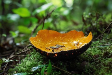 Vibrant yellow cup fungus in mossy forest