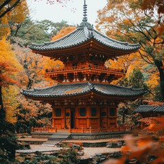 Fototapeta premium Autumnal Japanese Pagoda in a Forest