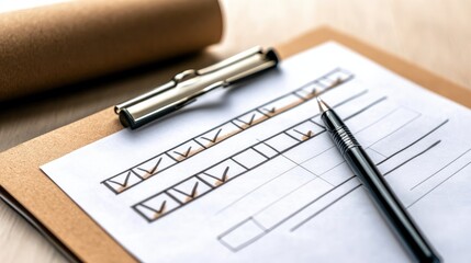 Rolled-up site plans next to clipboard with inspection checklist and task prioritization