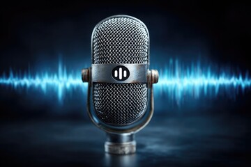 vintage microphone illustration design, podcast logo template, modern tech style