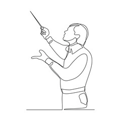 Continuous line art drawing of music conductor directing concert orchestra performance with stick. Vector illustration editable stroke sketch