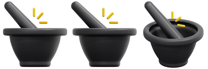 Set of Black Mortars and Pestles Crushing Yellow Grains 3d Render Icon Illustration