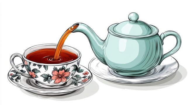 Floral teacup gets filled with warming tea from a vintage cerami