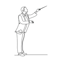 Continuous line art drawing of music conductor directing concert orchestra performance with stick. Vector illustration editable stroke sketch