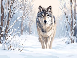 Naklejka premium A majestic wolf stands gracefully in a snowy landscape.