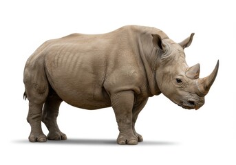 A large rhinoceros stands on a white background with its powerful body and prominent horn