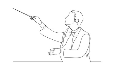 Continuous line art drawing of music conductor directing concert orchestra performance with stick. Vector illustration editable stroke sketch