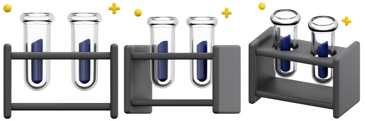 Set of Test Tubes with Blue Liquid in a Grey Rack 3d Render Icon Illustration