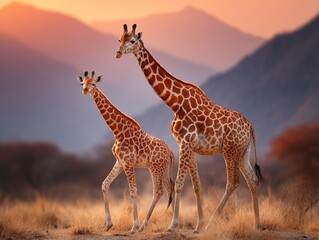 Two majestic giraffes walking gracefully in golden sunset light.