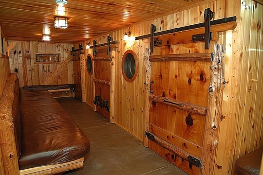 A cozy, rustic wooden room with bunk-style beds, round windows, and a leather bench, resembling a cabin or bunkhouse interior.