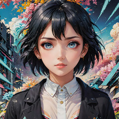  a person with short black hair and blue eyes, wearing a black jacket over a white shirt. 