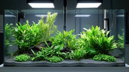 Flourishing planted aquarium showcases a realistic underwater ecosystem with lush green aquatic plants and dark substrate in bright, clean, serene, udomsup style.