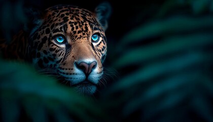 A majestic jaguar gazing through lush tropical foliage.