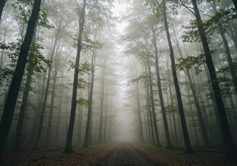 Obraz premium Trees and leaves in a foggy forest.
