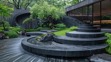 Obraz premium Aerial view of a serene garden with green trees and water features. Nature and landscape design concept. Top view of green island with tree growing surrounded with water. Peaceful environment. AIG53.