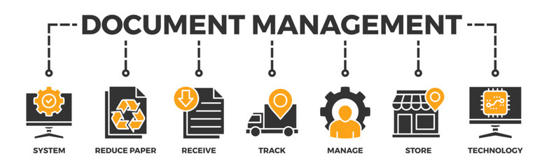Document management banner web icon illustration concept with icon of system, reduce paper, receive, track, manage, store, cloud and technology