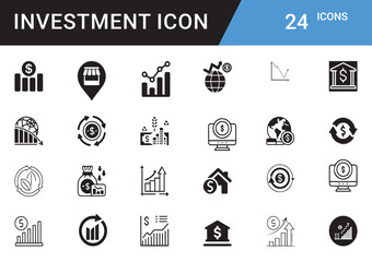 Investment Icons editable vector set Finance, Money, Growth, ROI, Stock Market, Cryptocurrency, Assets, Wealth, Banking, Profit, Savings, Portfolio, Risk, Capital, Trading