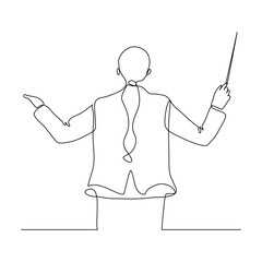 Continuous line art drawing of music conductor directing concert orchestra performance with stick. Vector illustration editable stroke sketch © stylusstudio