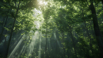 Sunlight streaming through the dense canopy of a lush green forest creating a serene atmosphere