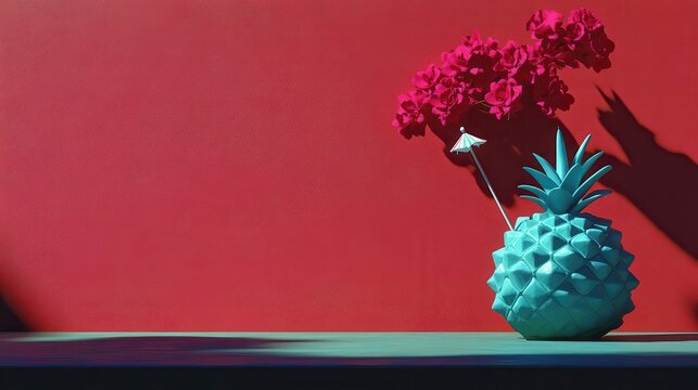 Contrasting composition with blue pineapple and pink blossom aga