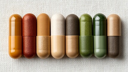 Multiple vitamin capsule designs in varying amber, green, and clear hues arranged in a neat row on a textured white background with clean typography space for nutraceutical product labeling