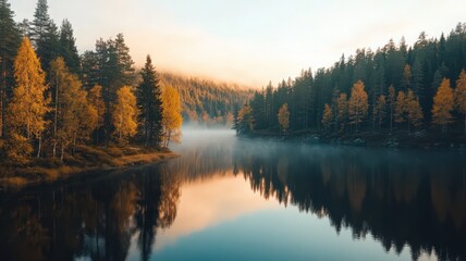 Fototapeta premium Aerial Shot of a Tranquil Forest Lake Reflecting Autumn Colors in Early Morning Light