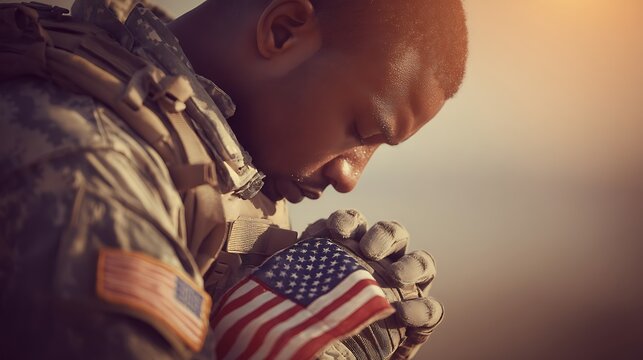Soldier Praying with American Flag Memorial Tribute