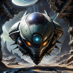  a futuristic, robotic head with a metallic, greenish-blue color scheme.