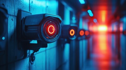 Obraz premium A cyberpunk AI surveillance system with glowing blue scanners