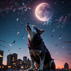a dog sitting on a ledge or rooftop at night, with a full moon and a starry sky in the background. 