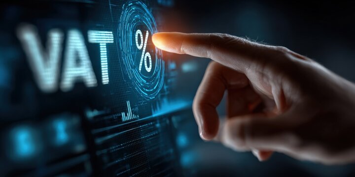 VAT Calculation: A close-up image of a person's finger pointing at a digital screen displaying "VAT%" represents the crucial process of tax calculation within the realm of finance and e-commerce.