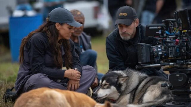 Behind the Scenes: A captivating scene of film-makers and dogs is captured.  Evoking the emotions and intrigues viewers.