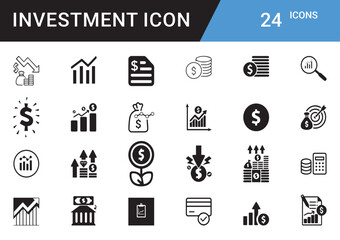 Investment Icons editable vector set Finance, Money, Growth, ROI, Stock Market, Cryptocurrency, Assets, Wealth, Banking, Profit, Savings, Portfolio, Risk, Capital, Trading