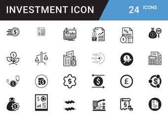 Investment Icons editable vector set Finance, Money, Growth, ROI, Stock Market, Cryptocurrency, Assets, Wealth, Banking, Profit, Savings, Portfolio, Risk, Capital, Trading