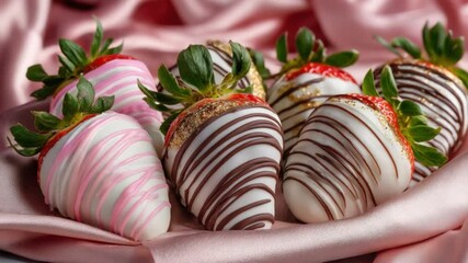 Chocolate-Dipped Strawberry Delights: A close-up image of luscious, chocolate-covered strawberries, each a work of edible art, arranged on a silken background.
