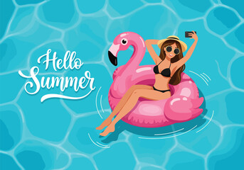 Adobe Illustrator Artwork Summer healthy activity: Flat vector illustration of a woman taking a selfie while floating on a flamingo inflatable in a blue pool with 