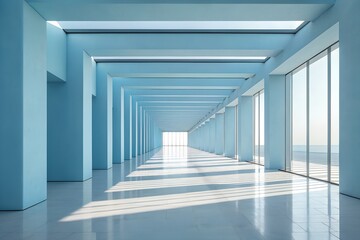 Architectural perspective of a modern minimalist hallway bathed in natural light with clean lines and symmetry.