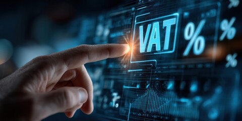 VAT Technology: A close-up view of a digital screen displaying "VAT %" while a hand gestures towards it, representing the concept of financial and taxation technology.