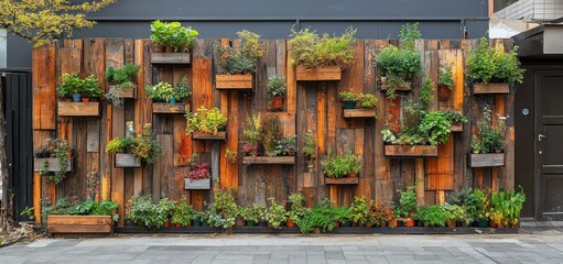 Fototapeta premium Urban Vertical Garden: A Stunning Display of Greenery on Reclaimed Wood