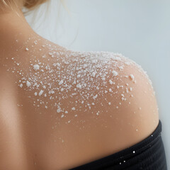 Fototapeta premium Dandruff on a blond woman shoulder. Side view of a female who has more dandruff flakes on his black shirt. Scalp disease treatment concept. Discomfort from a fungal infection. Head fungus