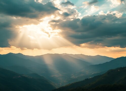 A beautiful sunset over the lush green hills of Tuscany, with rays shining through the clouds and casting warm hues on the valley below