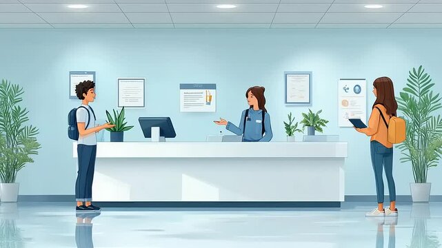 Waiting room scene; two patients and receptionist