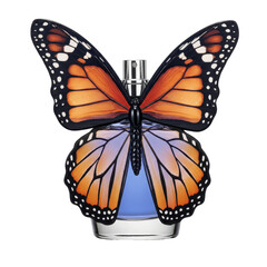 Fototapeta premium Butterfly-shaped perfume bottle. Orange monarch wings. Soft blue bottle. Silver accents, cap