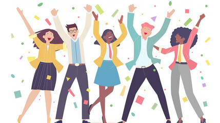 Group of diverse people celebrating with arms raised amidst falling confetti in a joyful atmosphere